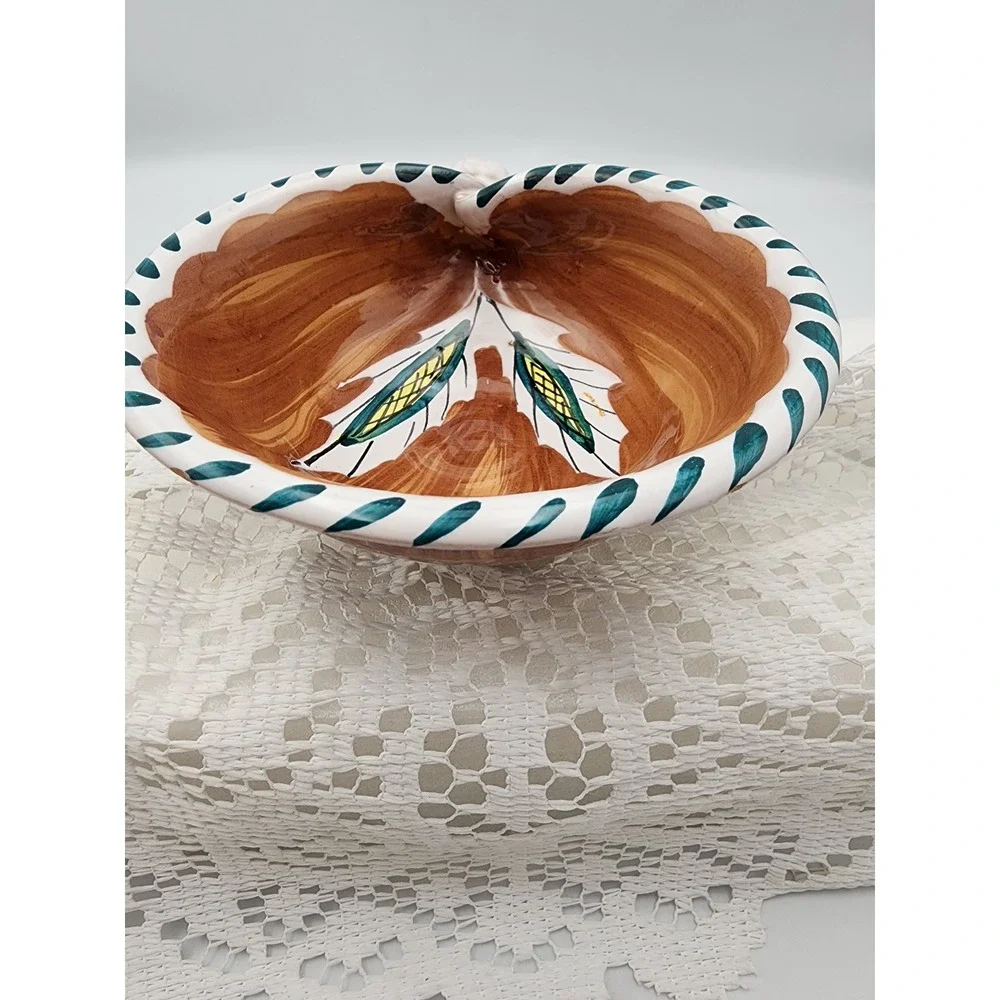 Vintage Maiolica Hand Painted Italy Ceramic Snail Bowl Brown Green Leaf  6‎ Inch